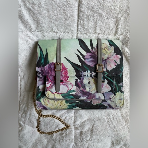 Gray/green Framed Botanical House of Disaster Messenger Purse with Gold Chain - Picture 3 of 13